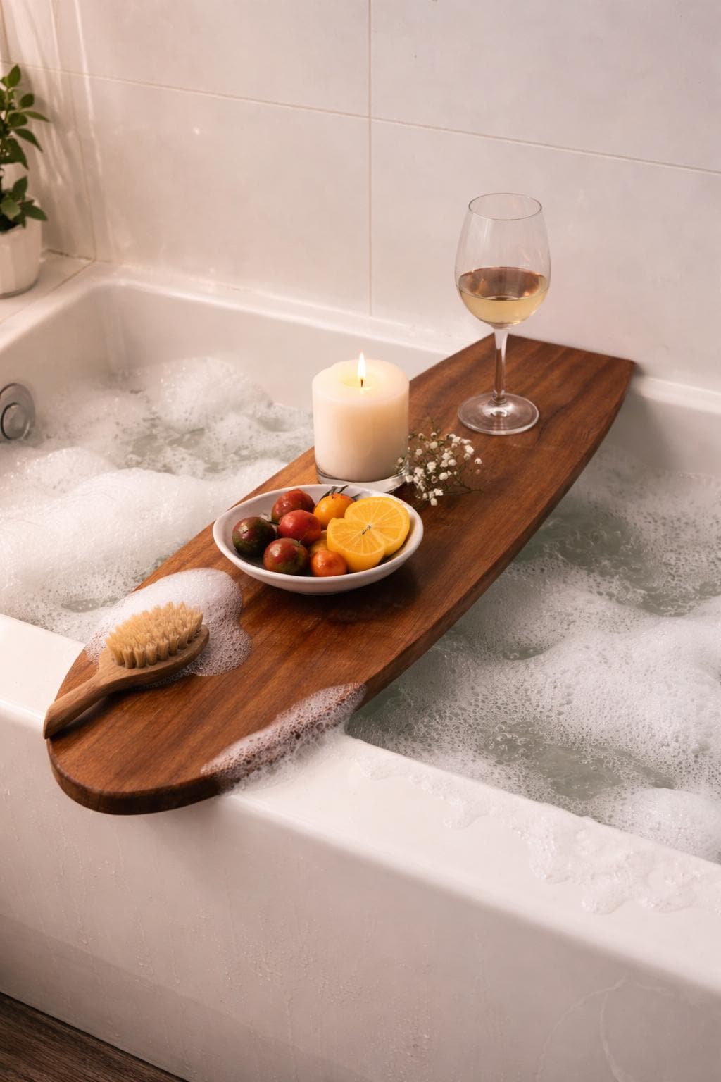 May include: A wooden bathtub tray holds a lit candle, a small bowl of tomatoes and lemon slices, a glass of white wine, and a wooden brush. The tray rests on the edge of a white bathtub filled with bubbles.