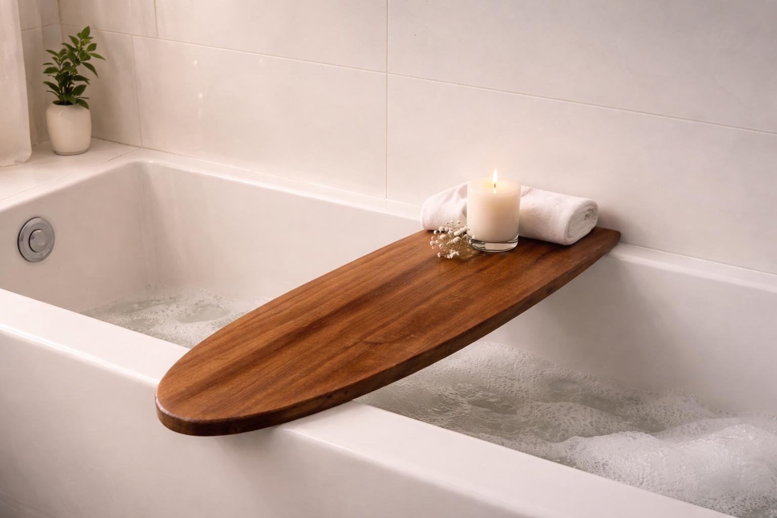 May include: A wooden bathtub tray with a lit candle, rolled white towel, and decorative beads. The tray spans the width of a white bathtub filled with water. A small potted plant is visible.