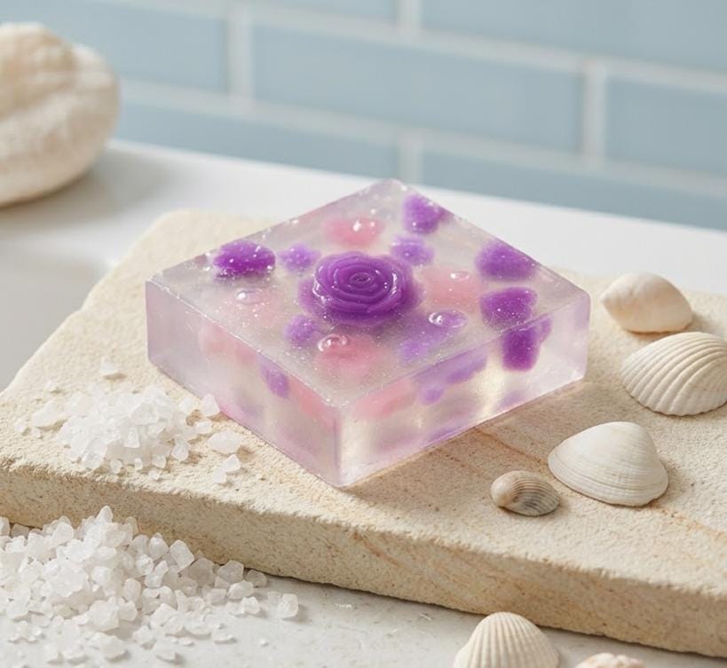May include: Square, translucent soap bar with a purple rose and decorative purple and pink accents. The soap sits on a light-colored stone surface, surrounded by seashells and salt crystals.
