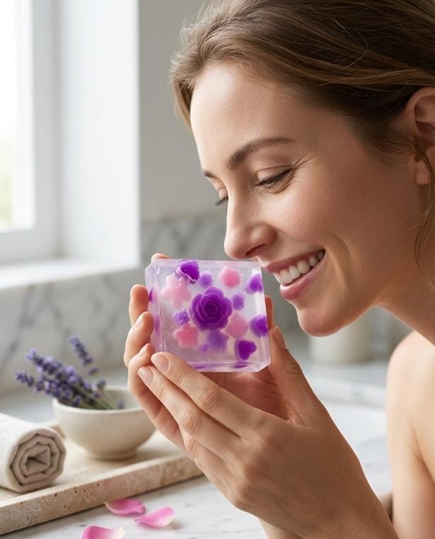 May include: A clear, square soap bar with embedded purple and pink floral designs, including a central rose. The soap is held in front of a person's face, suggesting a pleasant scent. A rolled white towel and lavender are in the background.