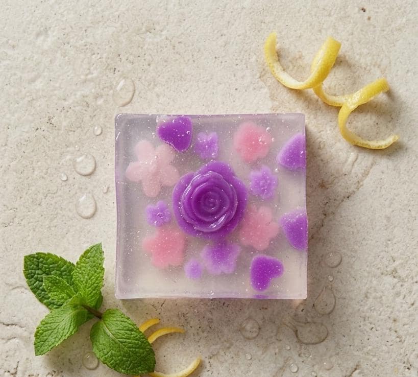 May include: A square bar of soap with a purple rose and pink and purple flower accents. The soap is surrounded by fresh mint leaves, lemon zest, and water droplets on a textured surface.