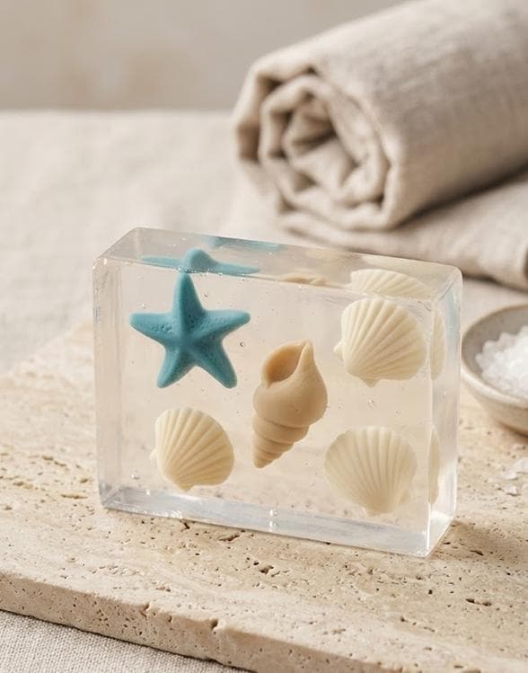 May include: A clear rectangular soap bar with embedded seashells and a blue starfish. The soap contains several off-white seashells and a tan conch shell. The soap is on a light-colored surface.
