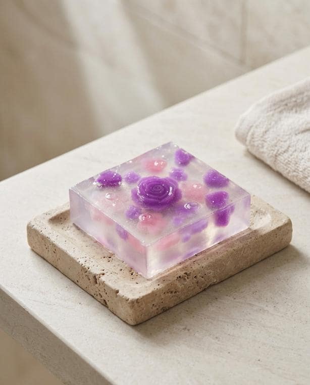 May include: A clear, square soap bar with embedded purple and pink floral designs, including a central rose. The soap rests on a rectangular, beige stone soap dish, suggesting a spa or bathroom setting.