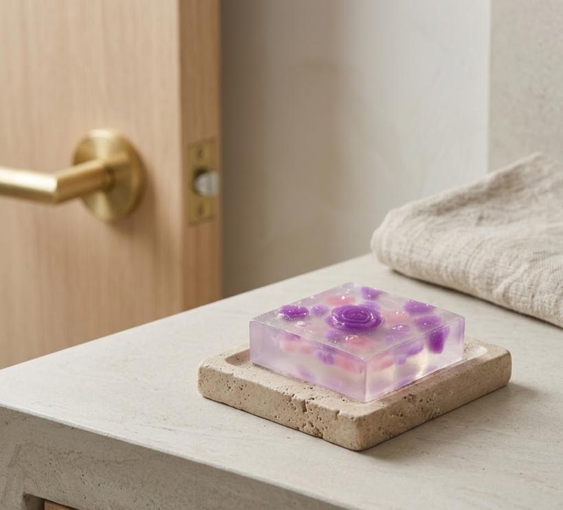 May include: A square, translucent soap bar with embedded purple and pink floral designs, resting on a square, beige soap dish. The soap features a central rose design. The background includes a wooden door and a folded, beige towel.