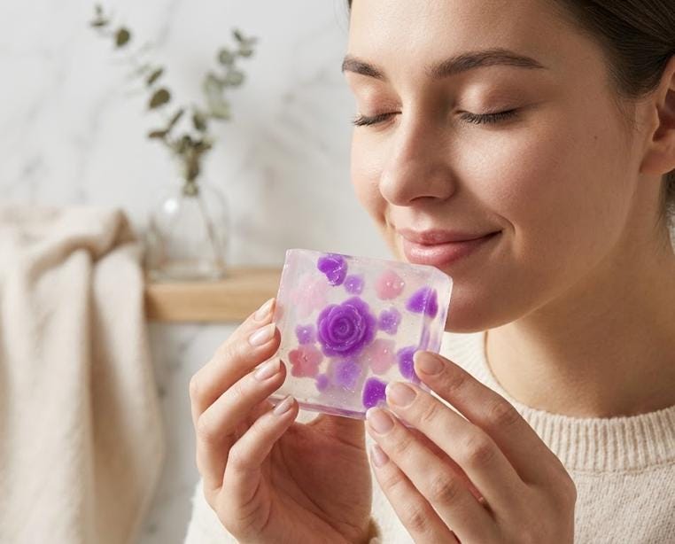 May include: A clear, square soap bar with embedded purple and pink floral designs. The soap features a large rose in the center and smaller flower accents. The person is holding the soap near their face.