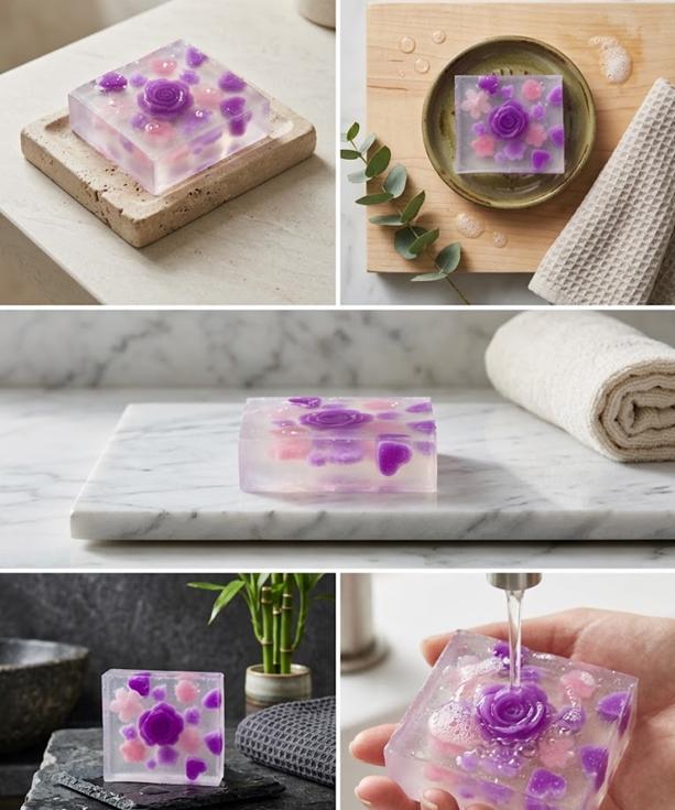 May include: Square-shaped, clear soap bar with embedded purple and pink floral designs. The soap features a central rose and smaller flower accents, creating a decorative and aromatic product. The soap is shown in various settings, including on a stone soap dish and a wooden tray.