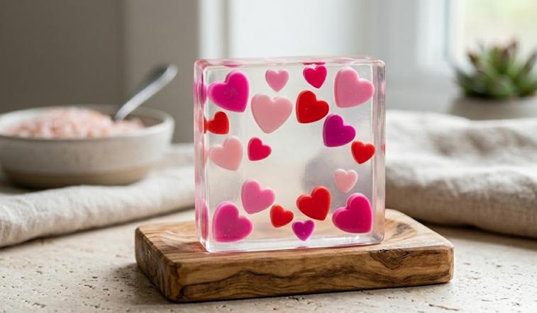 May include: A clear, square decorative block with embedded pink and red heart shapes. The block sits on a small, wooden, square base. The hearts vary in size and shade, creating a romantic theme. The block is a decorative item.