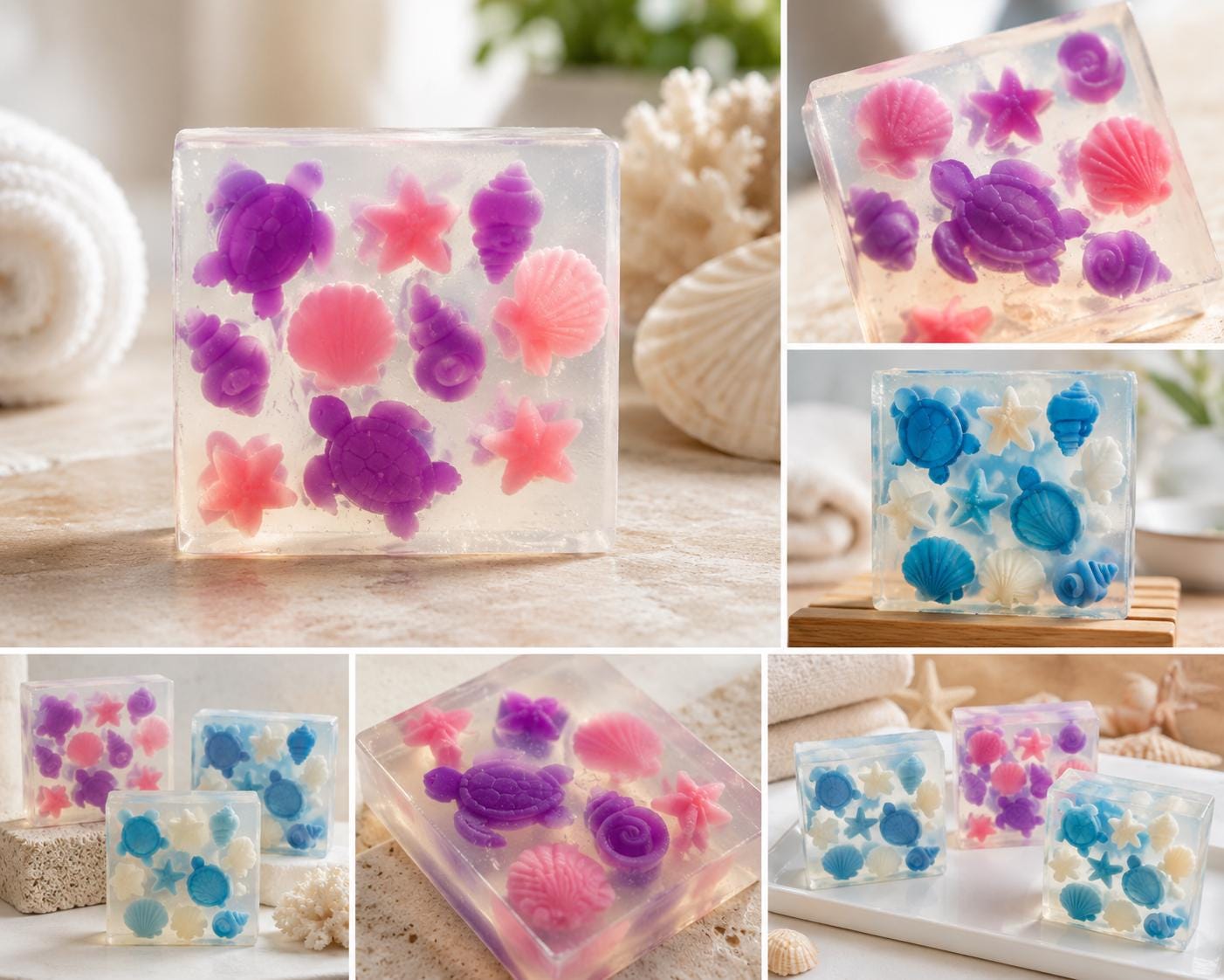 May include: Clear, square soaps with embedded sea-themed shapes. The soaps feature purple turtles, pink starfish, and seashell designs. Other soaps have blue turtles and shells. These decorative soaps are ideal for a beach or ocean-themed bathroom.